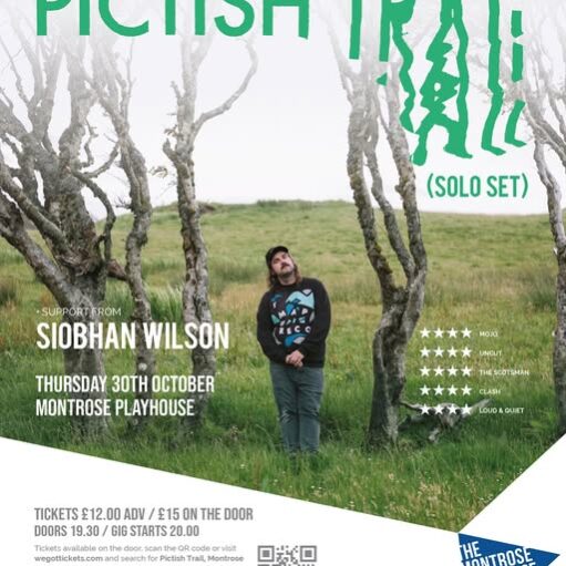 A poster for a concert featuring Pictish Trail. The main image is a photograph of a man with a mustache and a backwards baseball cap standing in a grassy field surrounded by bare, gnarled trees. The text "PICTISH TRAIL (SOLO SET)" is in large, green font, partially obscured by the trees. Smaller text indicates "SUPPORT FROM SIOBHAN WILSON," the date "THURSDAY 30TH OCTOBER," and the venue "MONTROSE PLAYHOUSE." The bottom of the poster lists ticket prices and has a QR code for tickets. The logos for "THE MONTROSE PLAYHOUSE," "MO' FIDELITY RECORDS," and "UNION CREATIVE" are also at the bottom. The right side of the poster features five-star ratings with quotes from various publications.
