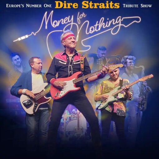 A promo image for the Dire Straits tribute show "Money for Nothing." The image features five musicians on a stage with a dark background and blue stage lights. In the center, a man with a red headband is playing a red electric guitar. To his left, another man is playing a white bass guitar. To his right, a third man is playing a light blue electric guitar. Two other men are in the background, one playing a drum set and the other playing a saxophone. The top of the image says, "EUROPE'S NUMBER ONE" in white and "Dire Straits" in yellow, followed by "TRIBUTE SHOW" in white. The show's title, "Money for Nothing," is written in a thin, glowing white font above the musicians, shaped to look like a guitar outline.