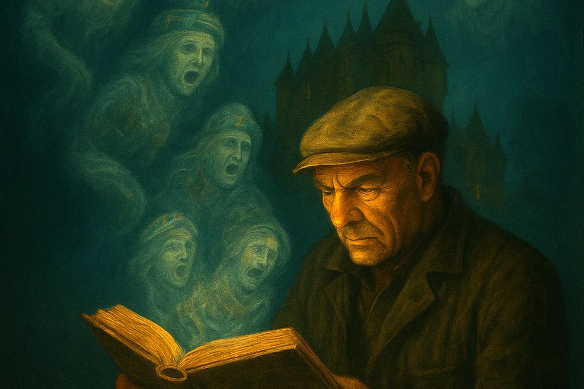 A digitally painted image in a dark, moody style. An older man with a serious expression and a flat cap is reading a glowing book, the light from the pages illuminating his face. Behind him, ghostly, anguished faces appear to emerge from the darkness. In the top right corner, a dark, turreted building, possibly a castle, is faintly visible against a dark blue background. The overall tone suggests a spooky or supernatural theme.