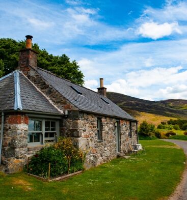 Exterior view of Colmeallie Bothy in Glen Esk