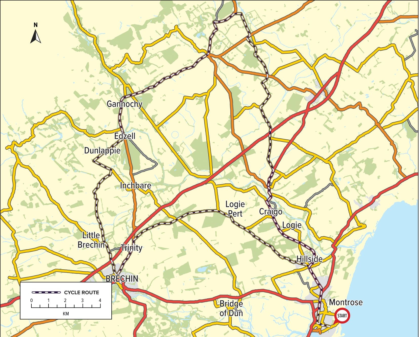 Montrose to Edzell via Fettercairn Route Map