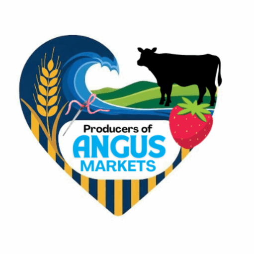 A heart-shaped logo for "Producers of Angus Markets." The heart is divided into sections with various illustrations. The left side of the heart has a yellow section with a stalk of grain. The top has a blue wave and a needle with pink thread. The right side has a green hill and a black silhouette of a cow, with a large strawberry in the foreground. The center of the heart contains the text "Producers of" in black and "ANGUS MARKETS" in large blue letters with a yellow outline.