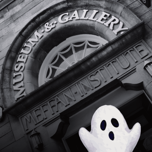 A digitally altered, spooky, black and white photograph of the exterior of a stone building with an arched entrance. The words "MUSEUM & GALLERY" are visible above the door, with "MEFFAN INSTITUTE" carved below. A cartoon ghost with black eyes and a mouth floats in front of the entrance.